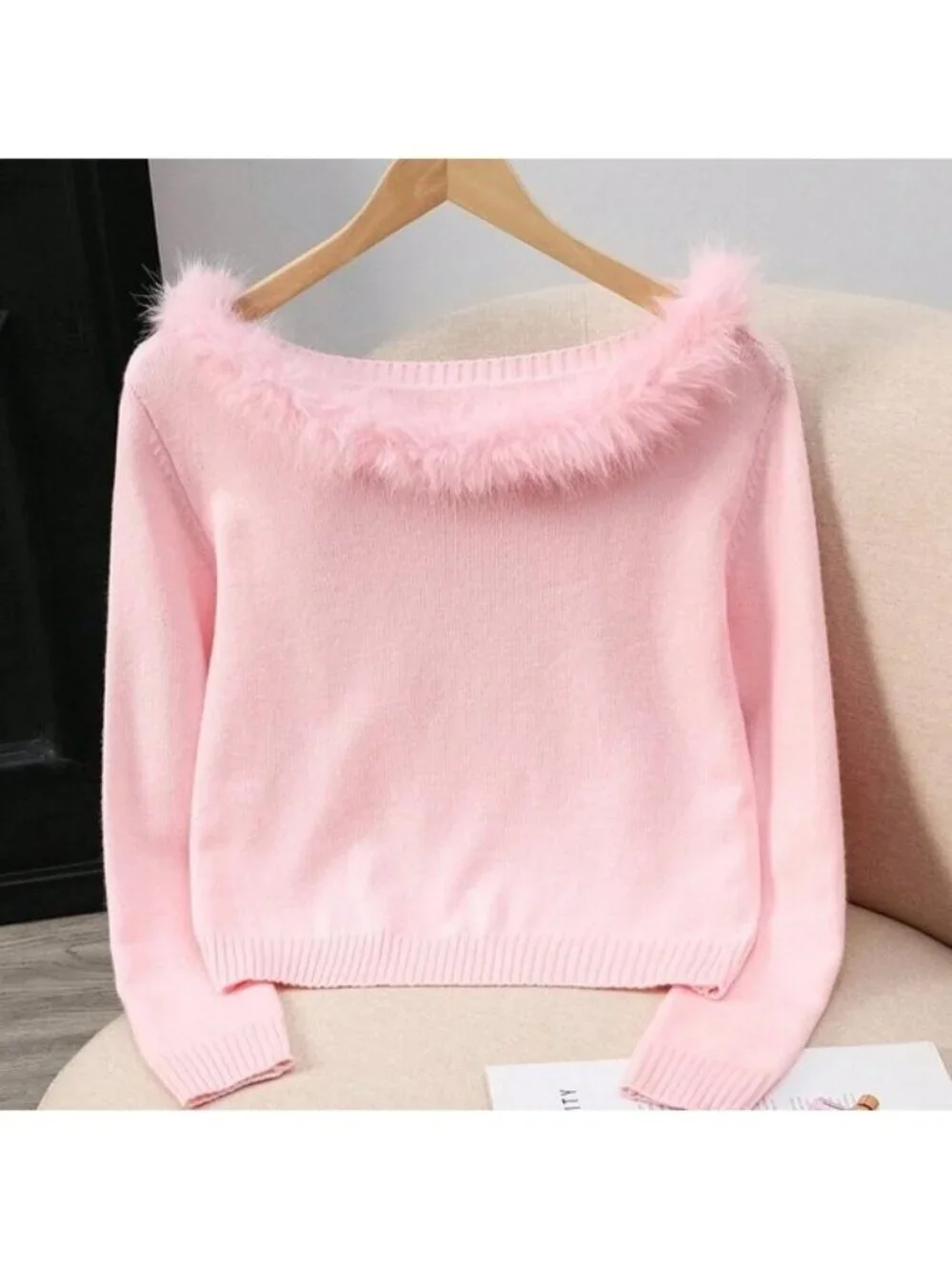 Pink Casual Women's Elegant Patchwork Fur Collar Sweater Cloth - Picture 3 of 7